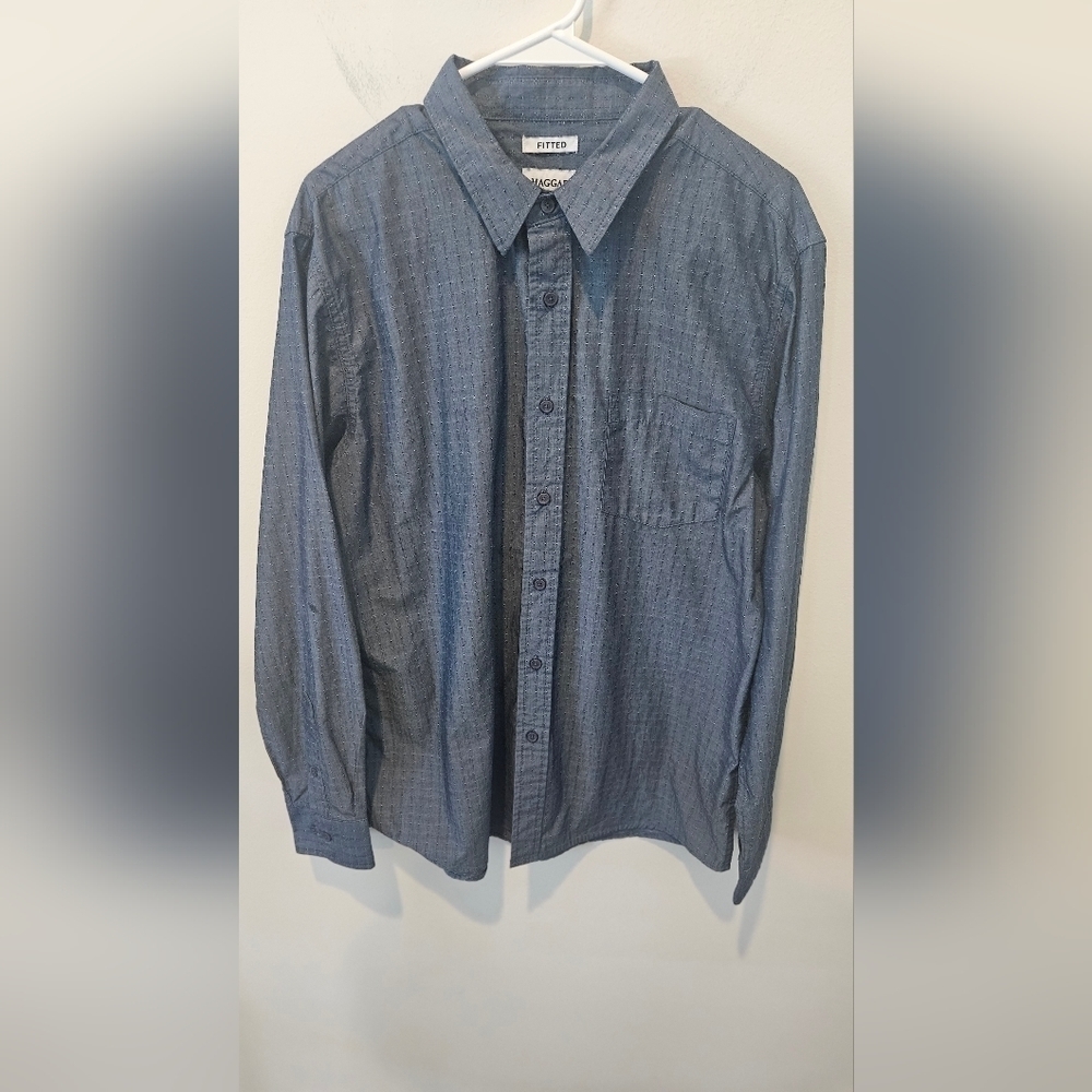 HAGGAR MEN'S FITTED BLUE DRESS SHIRT SIZE LARGE